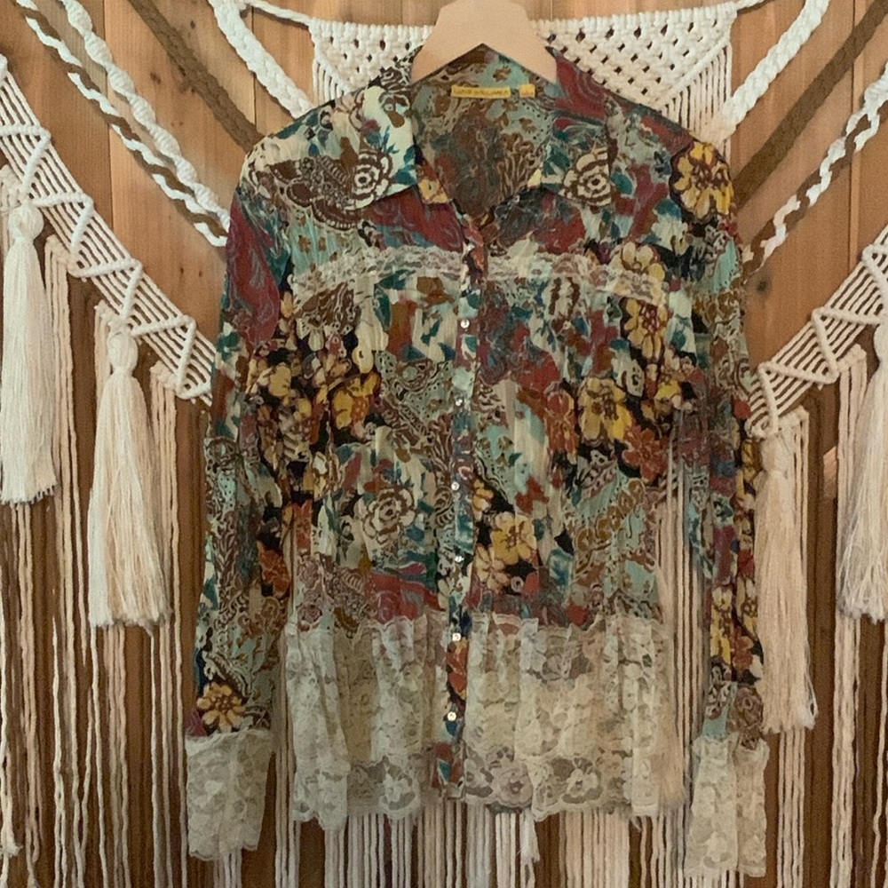 Lloyd’s Williams Abstract Floral Print Sheer Lace Button Down Blouse Size Large
